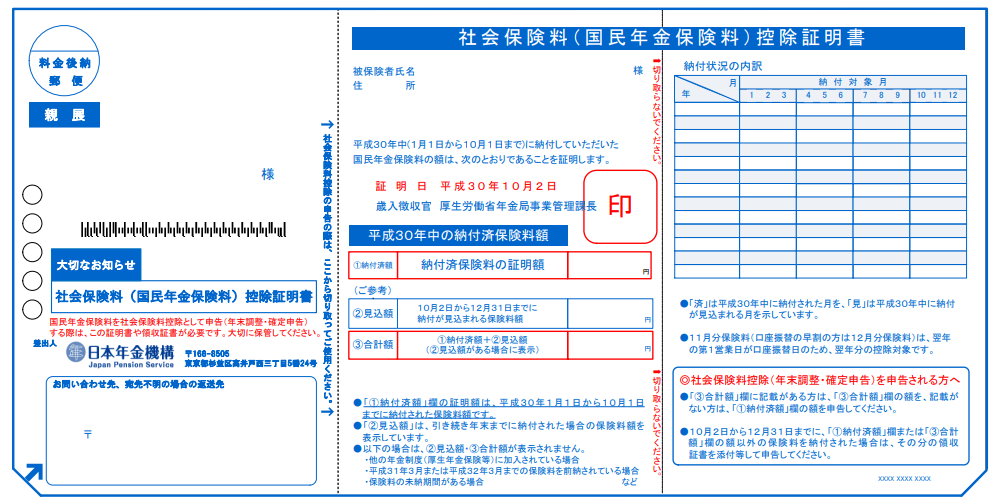 国民年金保険料控除証明書　出典：日本年金機構