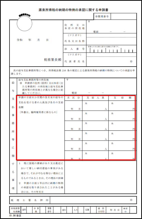 源泉所得税の納期の特例の承認に関する申請書