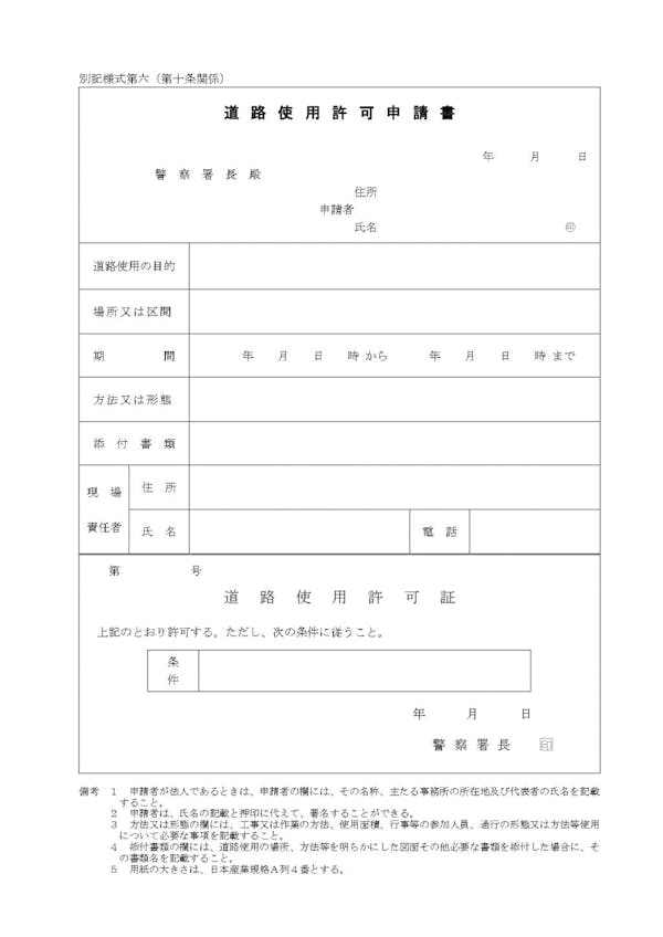 道路使用許可申請書