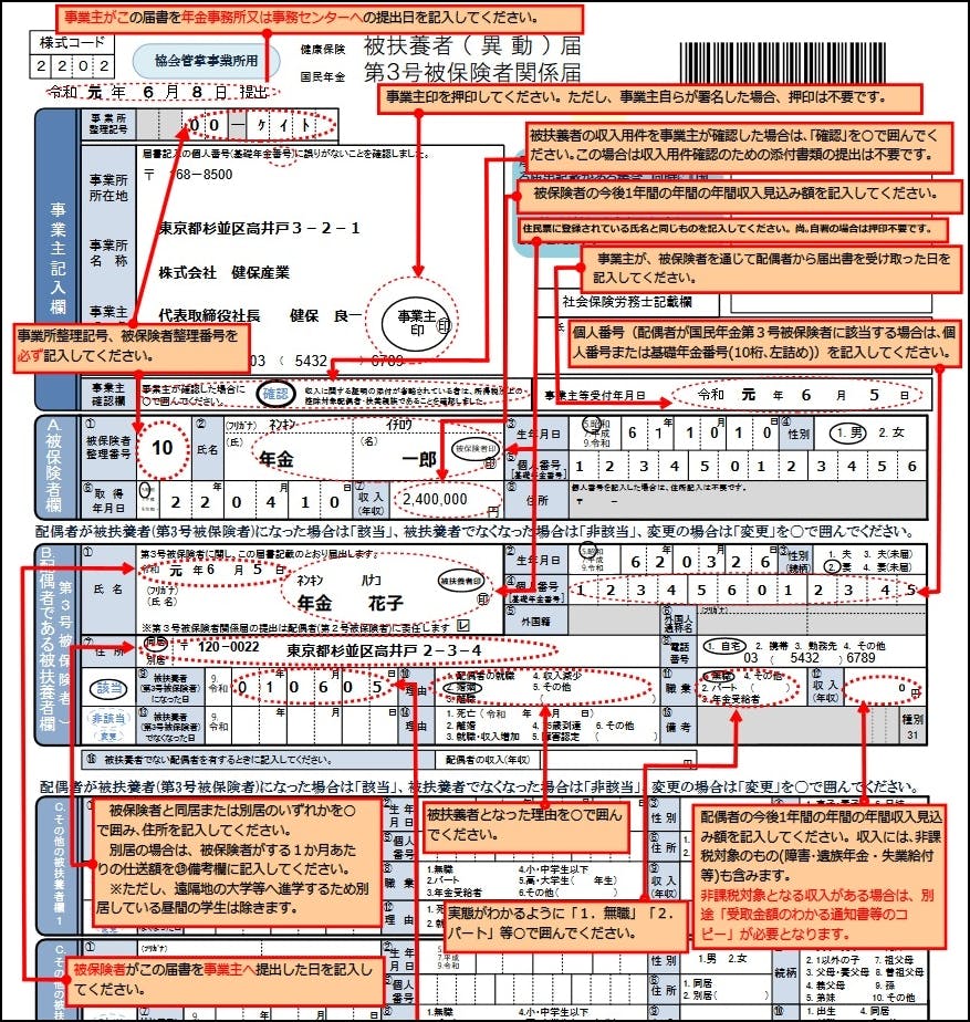 社会保険　健康保険　国民年金　被扶養者異動届　第3号被保険者関係届