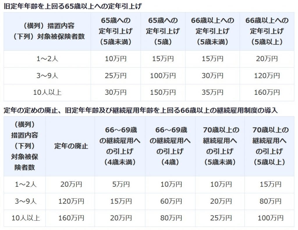 65歳超雇用推進助成金 65歳超継続雇用促進コース 支給額