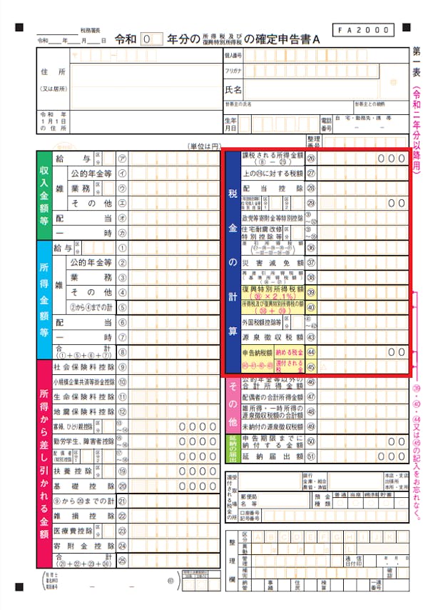 所得税額と復興特別所得税額を計算して第一表の「税額の計算」欄へ記入