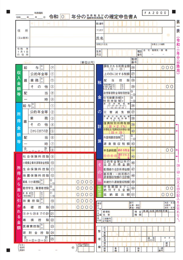 第一表の「所得から差し引かれる金額」を記入