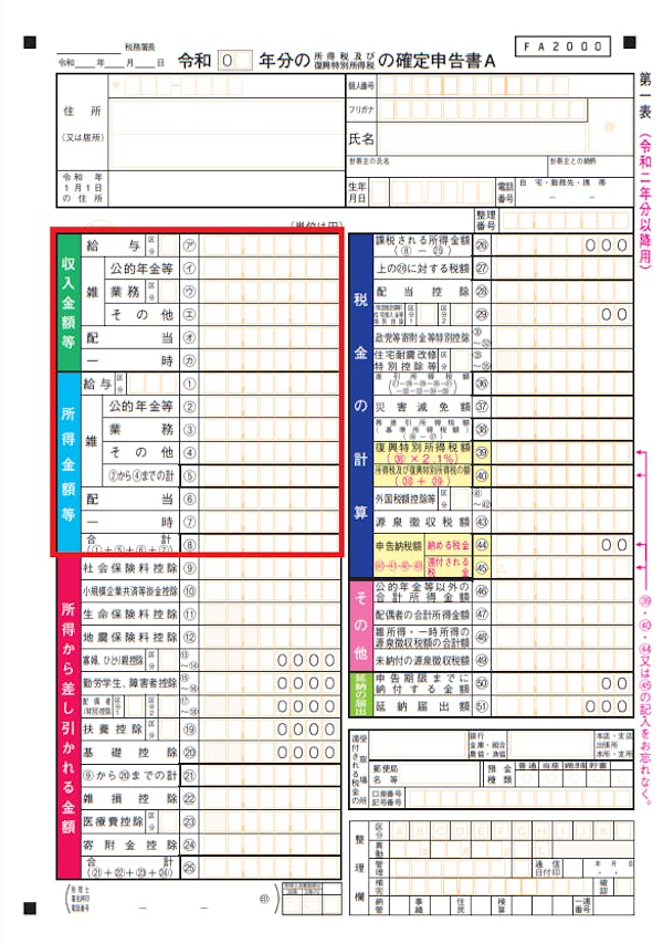 第一表の「収入金額等」「所得金額等」を記入