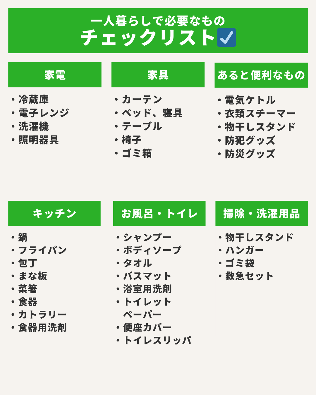 一人暮らしに必要なものリスト！引越し当日に用意するものから男女別に  